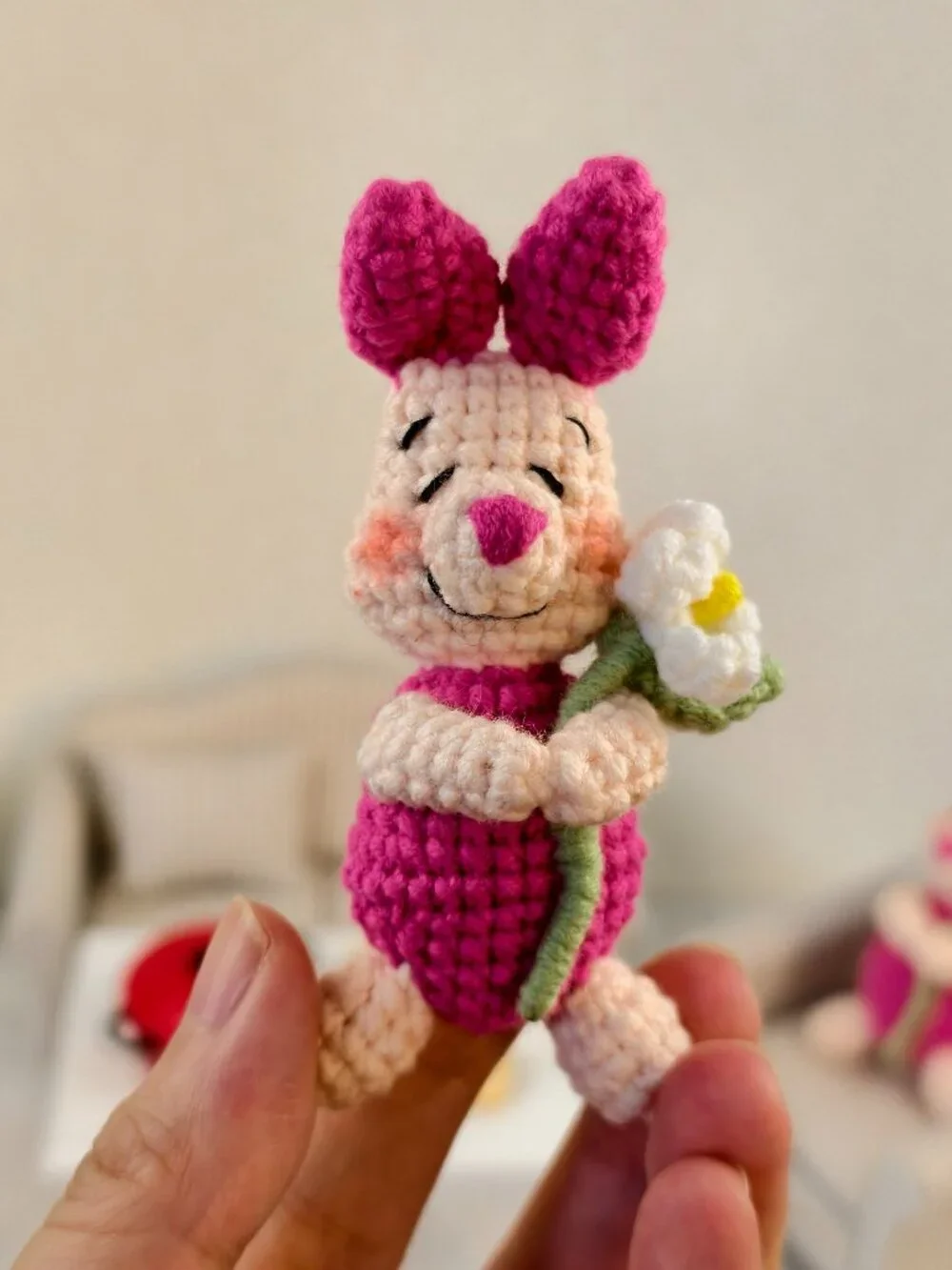 Handmade Amigurumi Crochet Piglet Holding Flowers Plushie